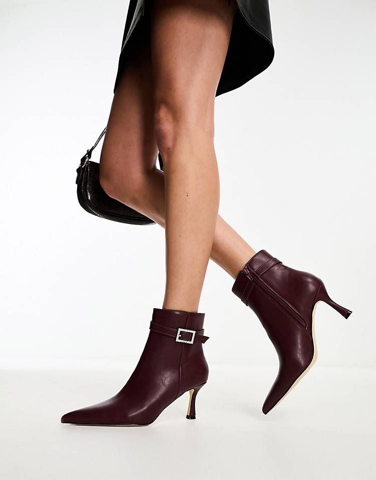 Glamorous rhinestone buckle mid heel ankle boots in oxblood